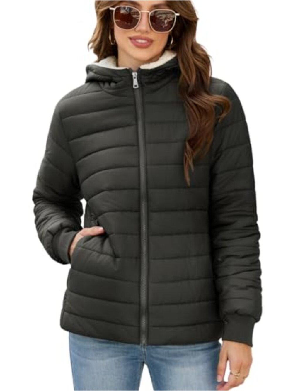 Women's Lightweight Puffer Jacket Fleece Lined Hooded Zip Up Coat